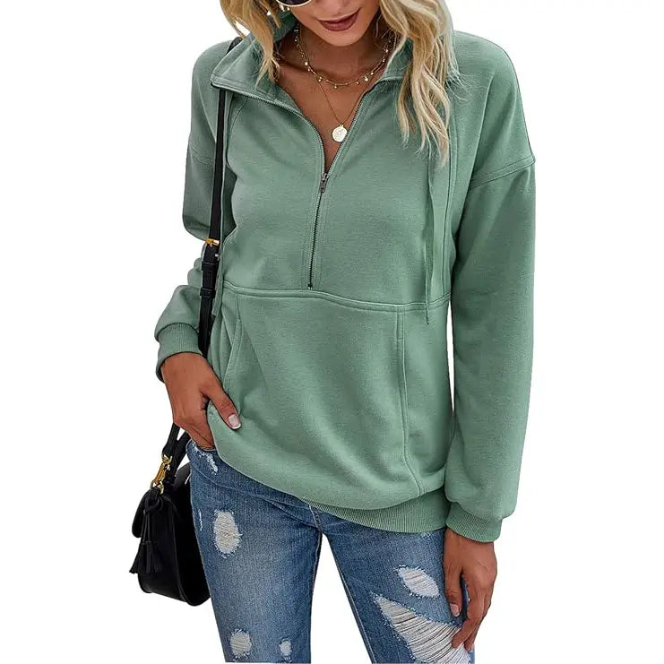 Women's Casual Long Sleeve Lapel Zipper Sweatshirt Drawstring Loose Pullover Tops Fall Sweater