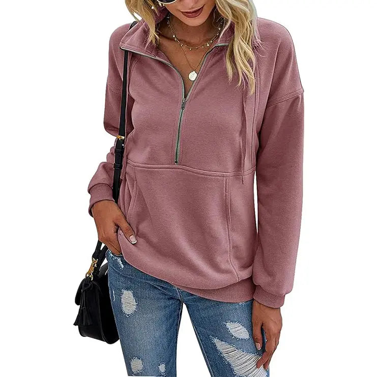 Women's Casual Long Sleeve Lapel Zipper Sweatshirt Drawstring Loose Pullover Tops Fall Sweater