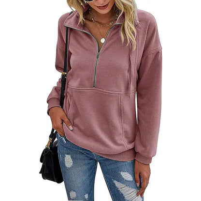 Women's Casual Long Sleeve Lapel Zipper Sweatshirt Drawstring Loose Pullover Tops Fall Sweater