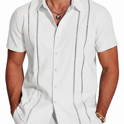 Men's Cuban Guayabera Shirt Short Sleeve V-Neck Button Down Casual Summer Beach Linen Top Fitted Breathable Soft Fabric