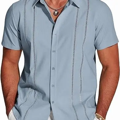 Men's Cuban Guayabera Shirt Short Sleeve V-Neck Button Down Casual Summer Beach Linen Top Fitted Breathable Soft Fabric