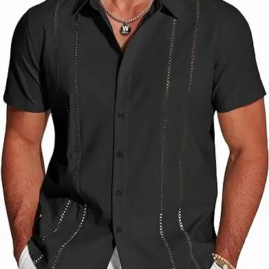 Men's Cuban Guayabera Shirt Short Sleeve V-Neck Button Down Casual Summer Beach Linen Top Fitted Breathable Soft Fabric
