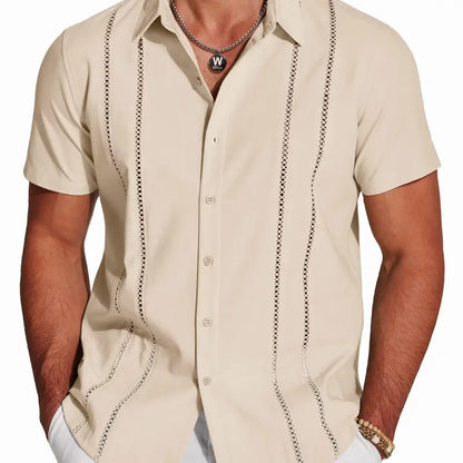 Men's Cuban Guayabera Shirt Short Sleeve V-Neck Button Down Casual Summer Beach Linen Top Fitted Breathable Soft Fabric