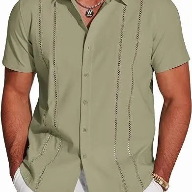 Men's Cuban Guayabera Shirt Short Sleeve V-Neck Button Down Casual Summer Beach Linen Top Fitted Breathable Soft Fabric