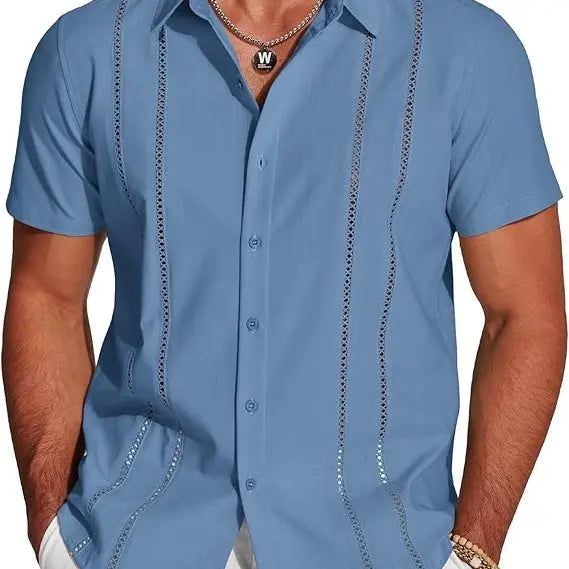 Men's Cuban Guayabera Shirt Short Sleeve V-Neck Button Down Casual Summer Beach Linen Top Fitted Breathable Soft Fabric