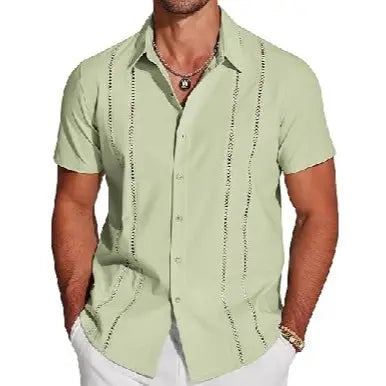 Men's Cuban Guayabera Shirt Short Sleeve V-Neck Button Down Casual Summer Beach Linen Top Fitted Breathable Soft Fabric