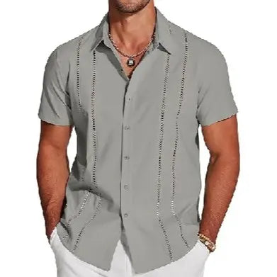 Men's Cuban Guayabera Shirt Short Sleeve V-Neck Button Down Casual Summer Beach Linen Top Fitted Breathable Soft Fabric