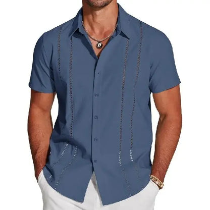 Men's Cuban Guayabera Shirt Short Sleeve V-Neck Button Down Casual Summer Beach Linen Top Fitted Breathable Soft Fabric