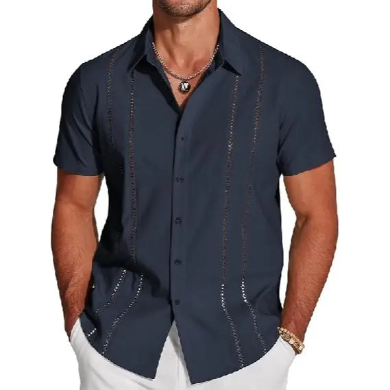 Men's Cuban Guayabera Shirt Short Sleeve V-Neck Button Down Casual Summer Beach Linen Top Fitted Breathable Soft Fabric