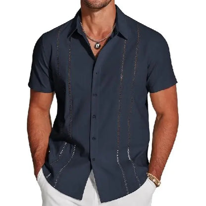 Men's Cuban Guayabera Shirt Short Sleeve V-Neck Button Down Casual Summer Beach Linen Top Fitted Breathable Soft Fabric