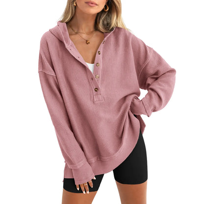 Women's Fashion Long Sleeve Hoodie, Oversized Button-Up V-Neck Sweatshirt