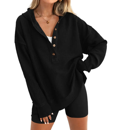 Women's Fashion Long Sleeve Hoodie Oversized Button-Up V-Neck Sweatshirt