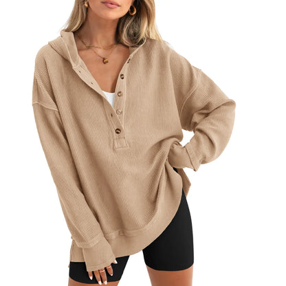 Women's Fashion Long Sleeve Hoodie, Oversized Button-Up V-Neck Sweatshirt