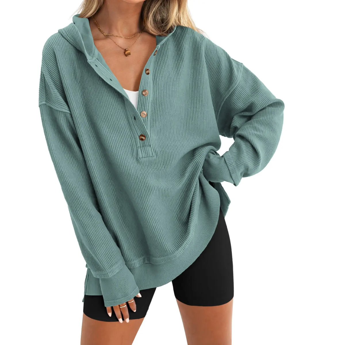 Women's Fashion Long Sleeve Hoodie Oversized Button-Up V-Neck Sweatshirt