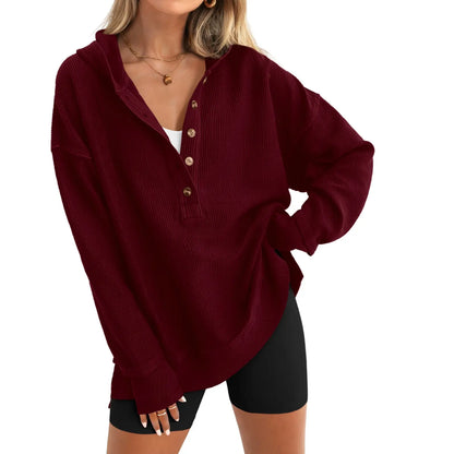 Women's Fashion Long Sleeve Hoodie Oversized Button-Up V-Neck Sweatshirt