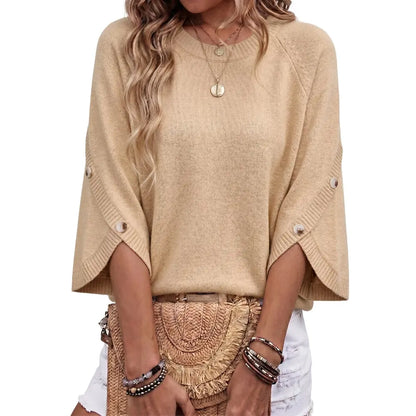 Women's Oversized Sweater, 3/4 Button Sleeve, Crewneck Casual Lightweight Knit Solid Pullover Sweater Top
