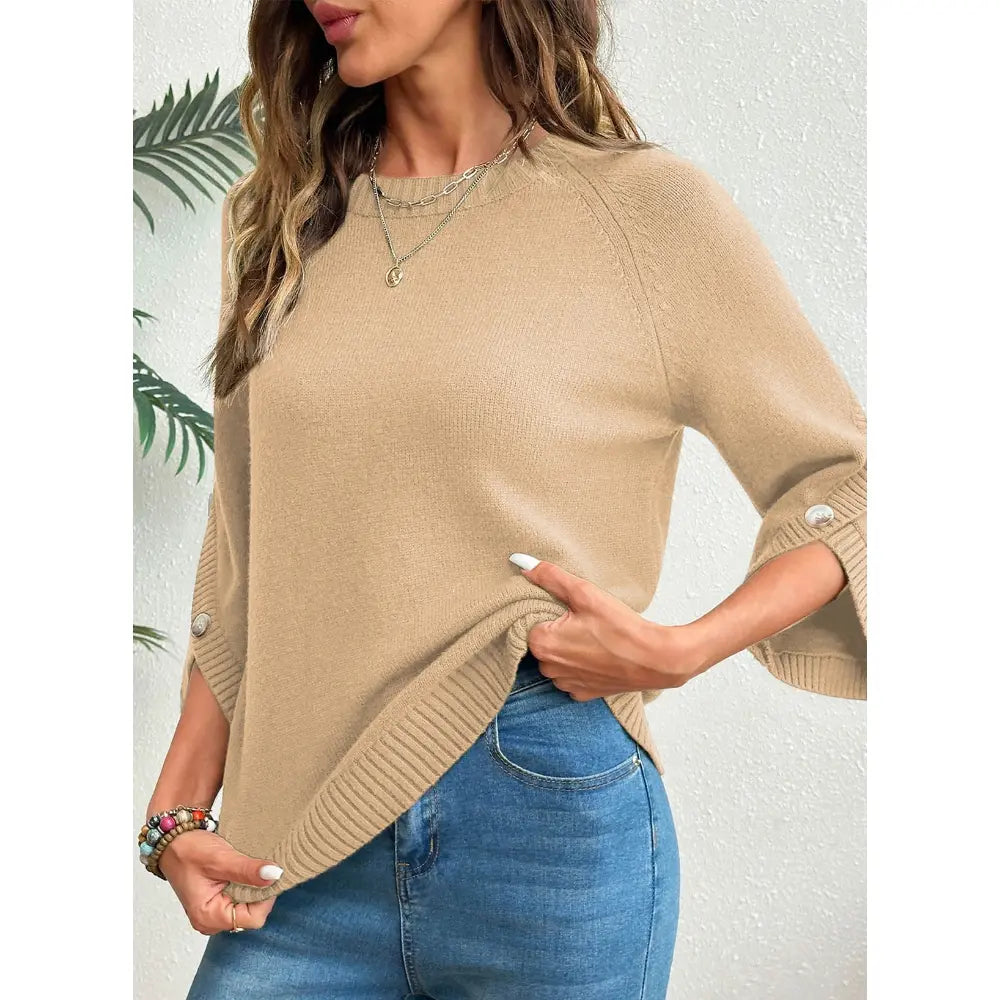 Women's Oversized Sweater, 3/4 Button Sleeve, Crewneck Casual Lightweight Knit Solid Pullover Sweater Top