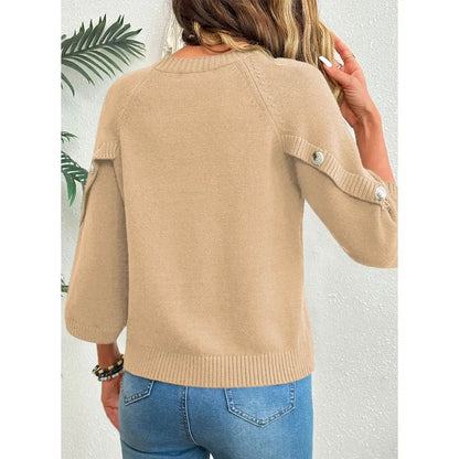 Women's Oversized Sweater, 3/4 Button Sleeve, Crewneck Casual Lightweight Knit Solid Pullover Sweater Top