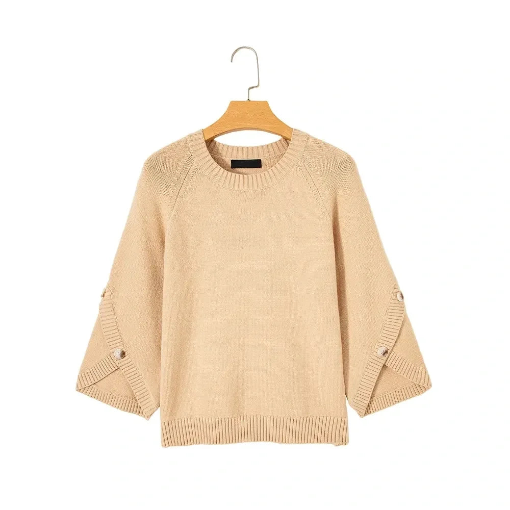 Women's Oversized Sweater, 3/4 Button Sleeve, Crewneck Casual Lightweight Knit Solid Pullover Sweater Top