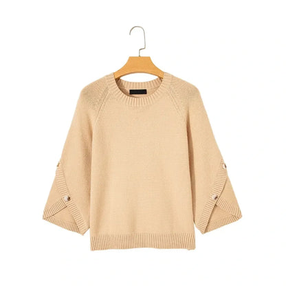 Women's Oversized Sweater, 3/4 Button Sleeve, Crewneck Casual Lightweight Knit Solid Pullover Sweater Top