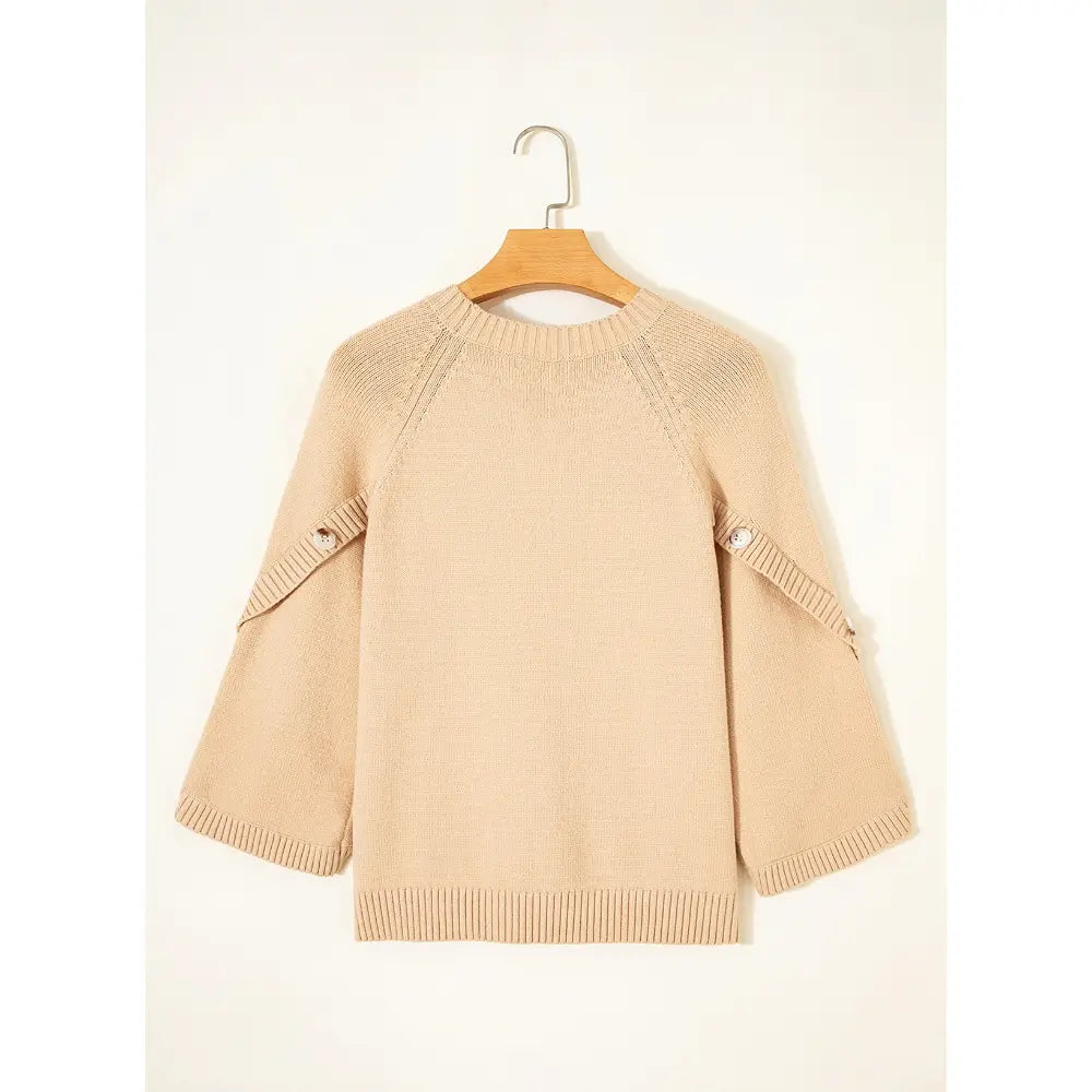 Women's Oversized Sweater, 3/4 Button Sleeve, Crewneck Casual Lightweight Knit Solid Pullover Sweater Top