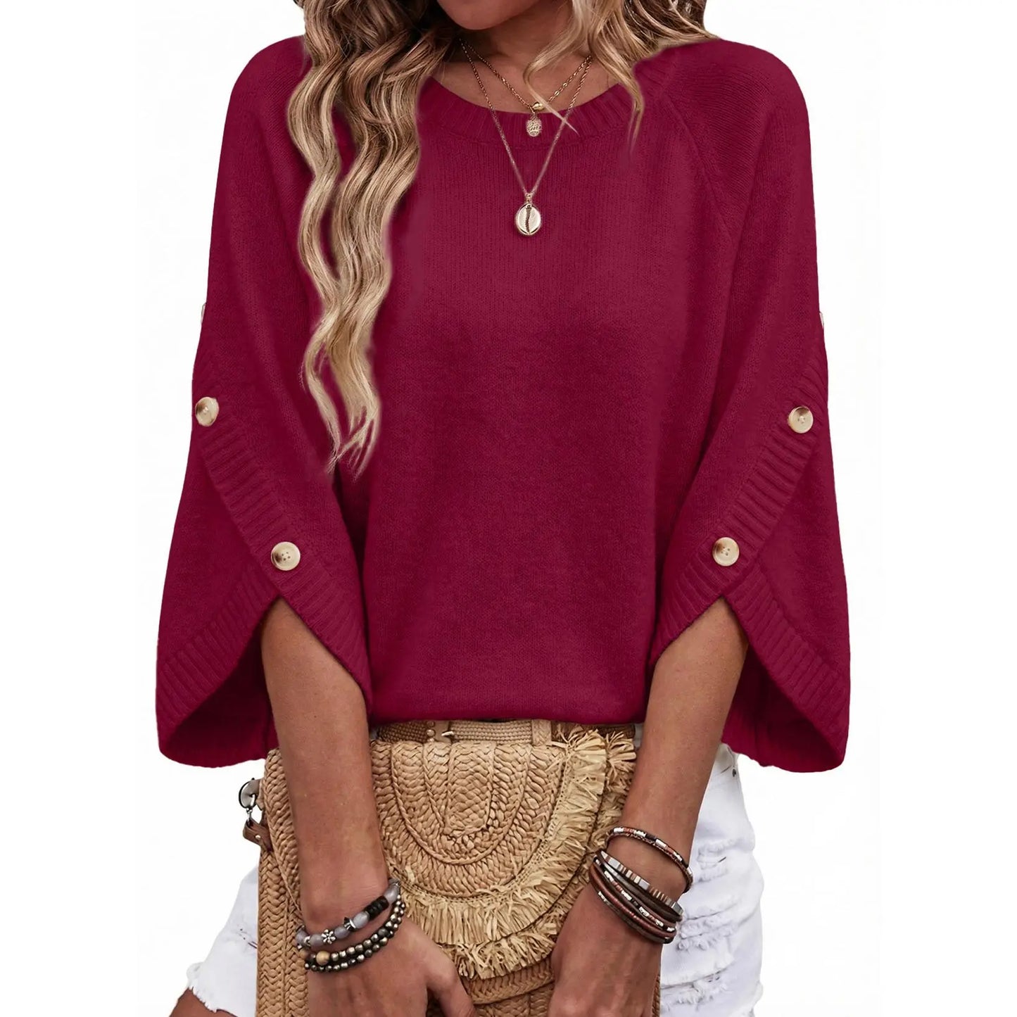 Women's Oversized Sweater, 3/4 Button Sleeve, Crewneck Casual Lightweight Knit Solid Pullover Sweater Top