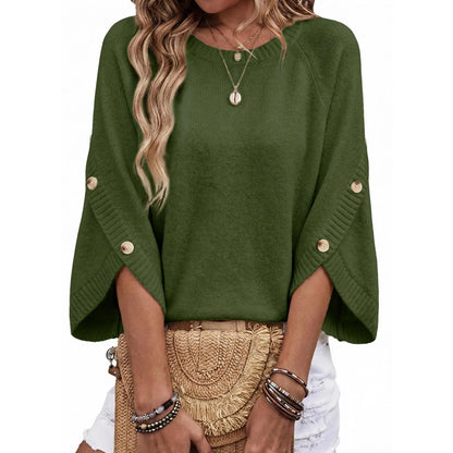 Women's Oversized Sweater, 3/4 Button Sleeve, Crewneck Casual Lightweight Knit Solid Pullover Sweater Top