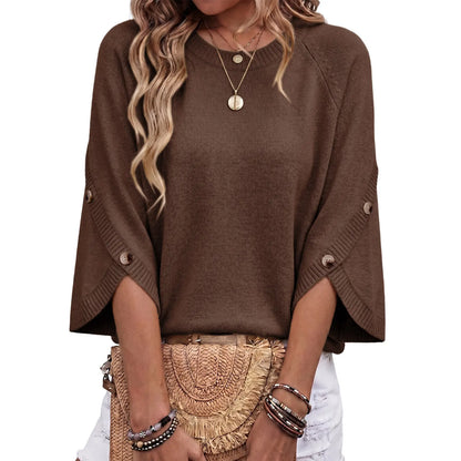 Women's Oversized Sweater, 3/4 Button Sleeve, Crewneck Casual Lightweight Knit Solid Pullover Sweater Top
