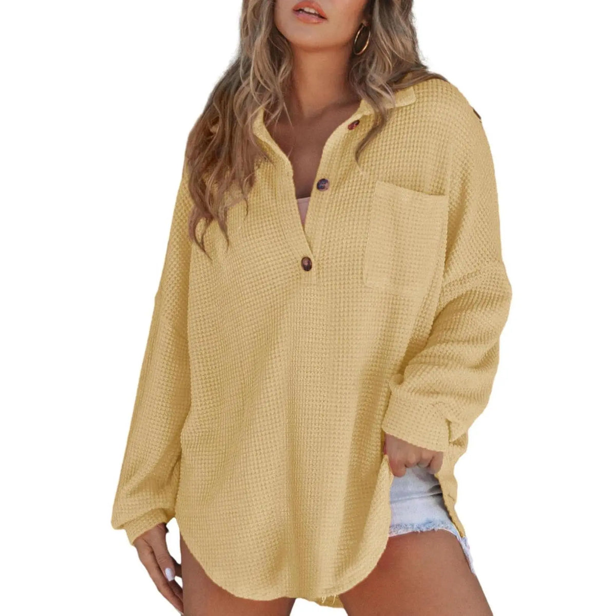 Women's Oversized Waffle Knit Henley Top🔥