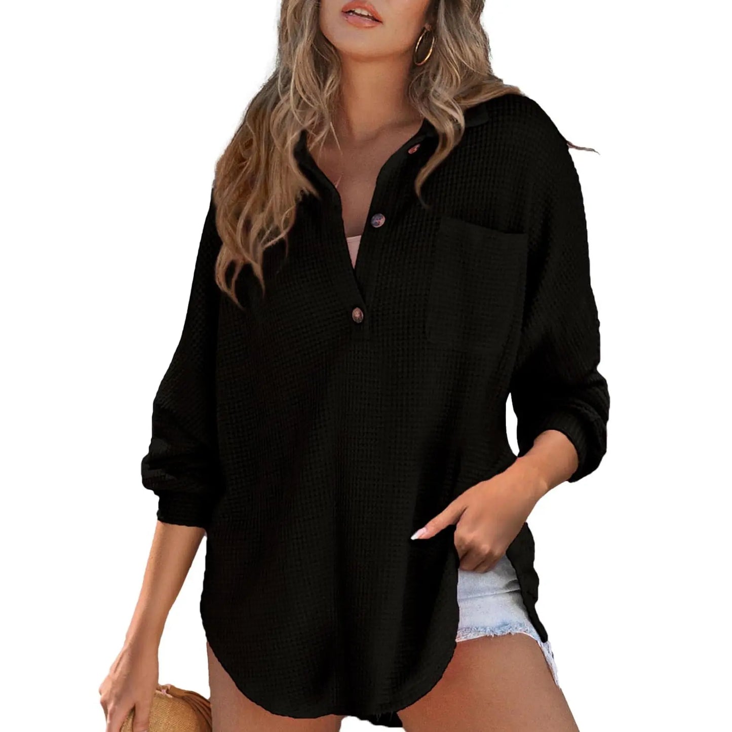 Women's Oversized Waffle Knit Henley Top🔥