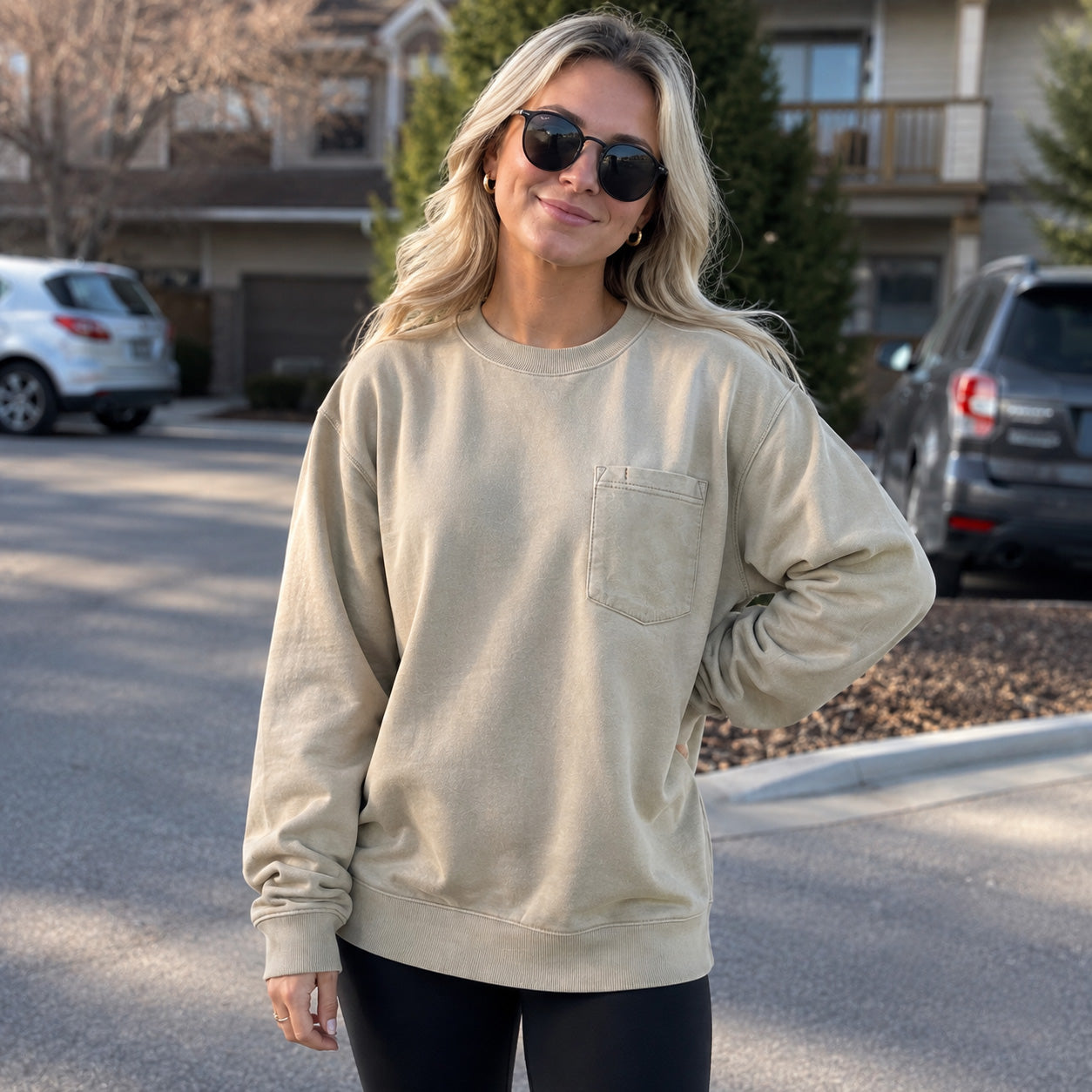 Vintage Washed Unisex Pocket Crewneck Sweatshirt