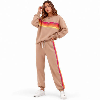 Women’s 2-Piece Loose-Fit Sweatshirt Set – Retro Rainbow Stripe Crewneck Sweatshirt & Casual Track Pants🔥