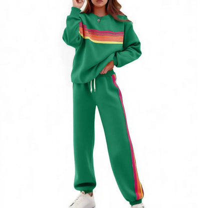 Women’s 2-Piece Loose-Fit Sweatshirt Set – Retro Rainbow Stripe Crewneck Sweatshirt & Casual Track Pants🔥