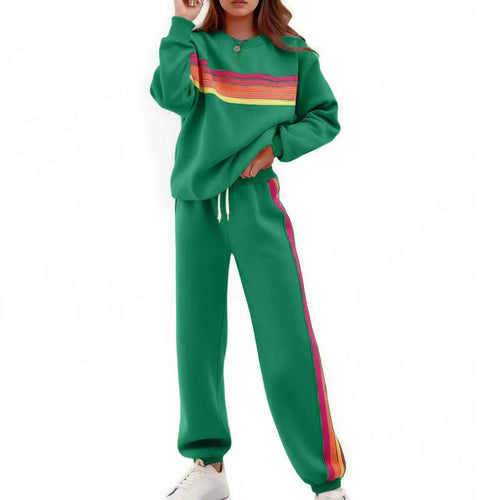 Women’s 2-Piece Loose-Fit Sweatshirt Set – Retro Rainbow Stripe Crewneck Sweatshirt & Casual Track Pants🔥
