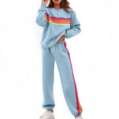 Women’s 2-Piece Loose-Fit Sweatshirt Set – Retro Rainbow Stripe Crewneck Sweatshirt & Casual Track Pants🔥