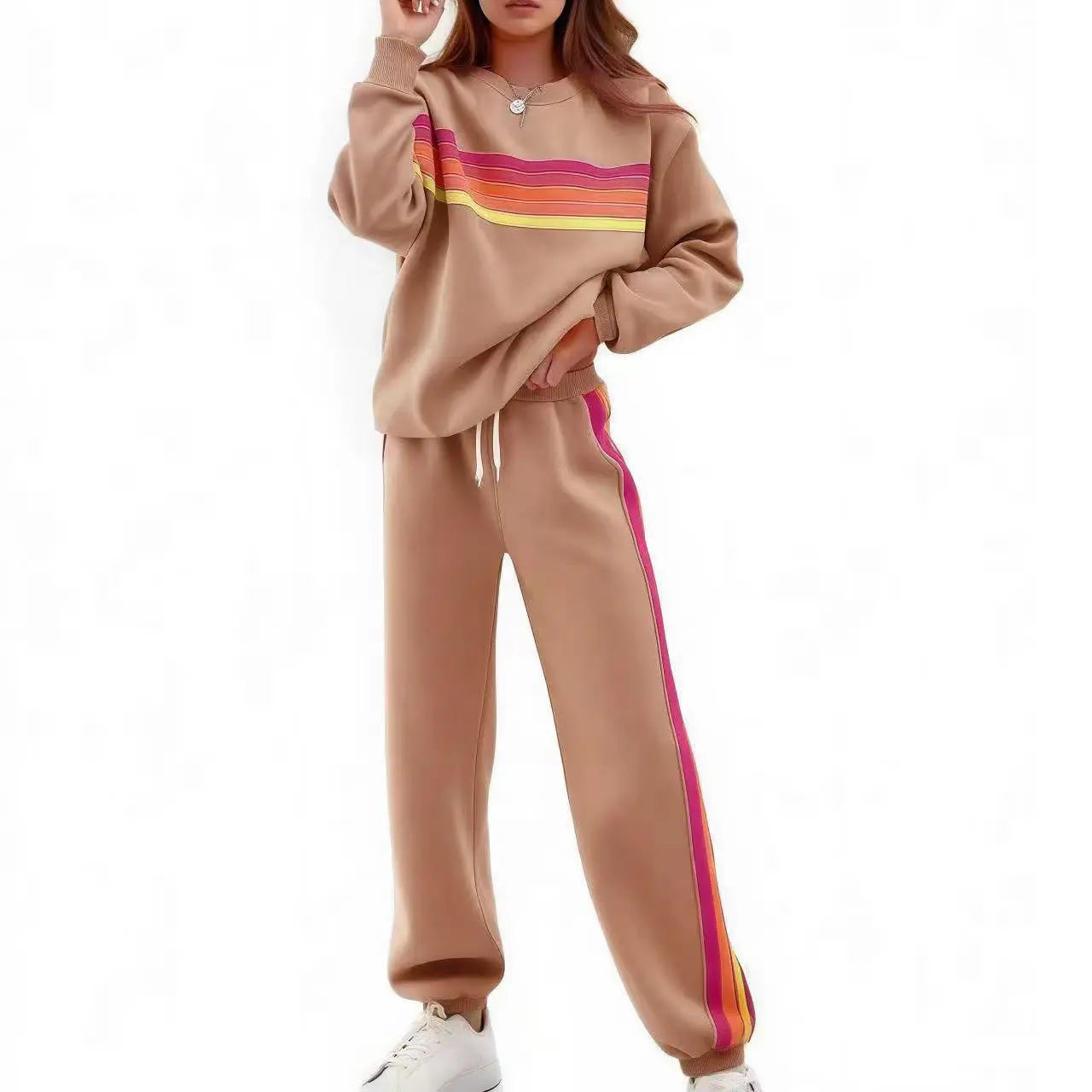 Women’s 2-Piece Loose-Fit Sweatshirt Set – Retro Rainbow Stripe Crewneck Sweatshirt & Casual Track Pants🔥