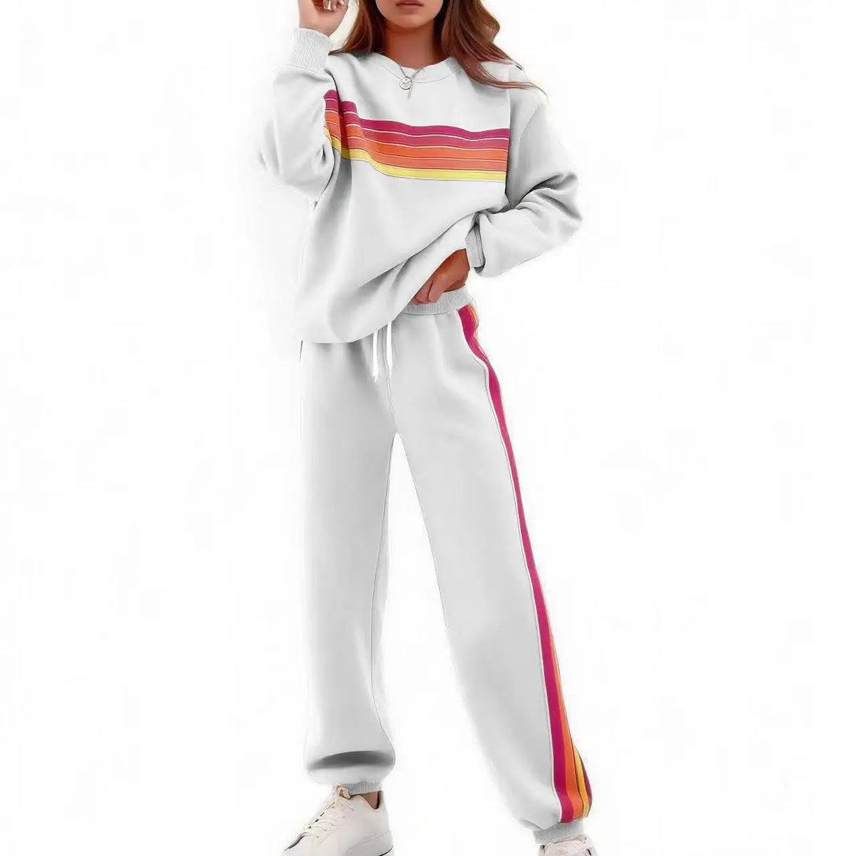 Women’s 2-Piece Loose-Fit Sweatshirt Set – Retro Rainbow Stripe Crewneck Sweatshirt & Casual Track Pants