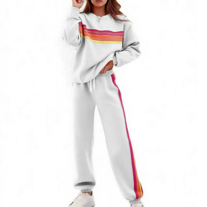 Women’s 2-Piece Loose-Fit Sweatshirt Set – Retro Rainbow Stripe Crewneck Sweatshirt & Casual Track Pants