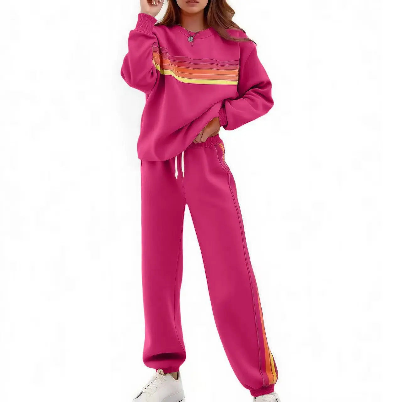 Women’s 2-Piece Loose-Fit Sweatshirt Set – Retro Rainbow Stripe Crewneck Sweatshirt & Casual Track Pants🔥