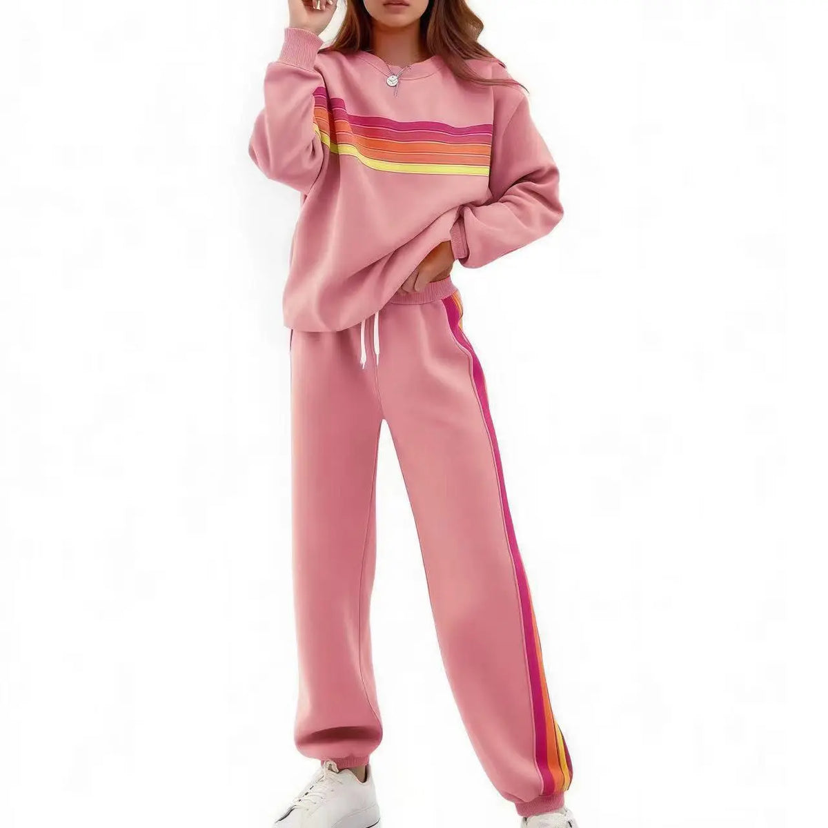 Women’s 2-Piece Loose-Fit Sweatshirt Set – Retro Rainbow Stripe Crewneck Sweatshirt & Casual Track Pants🔥