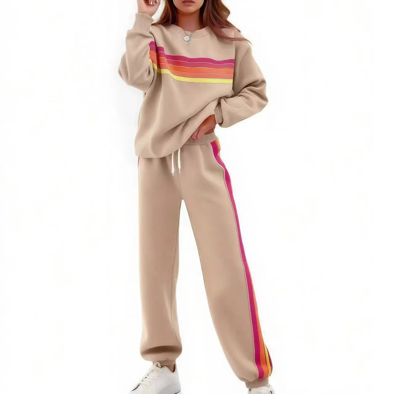 Women’s 2-Piece Loose-Fit Sweatshirt Set – Retro Rainbow Stripe Crewneck Sweatshirt & Casual Track Pants🔥