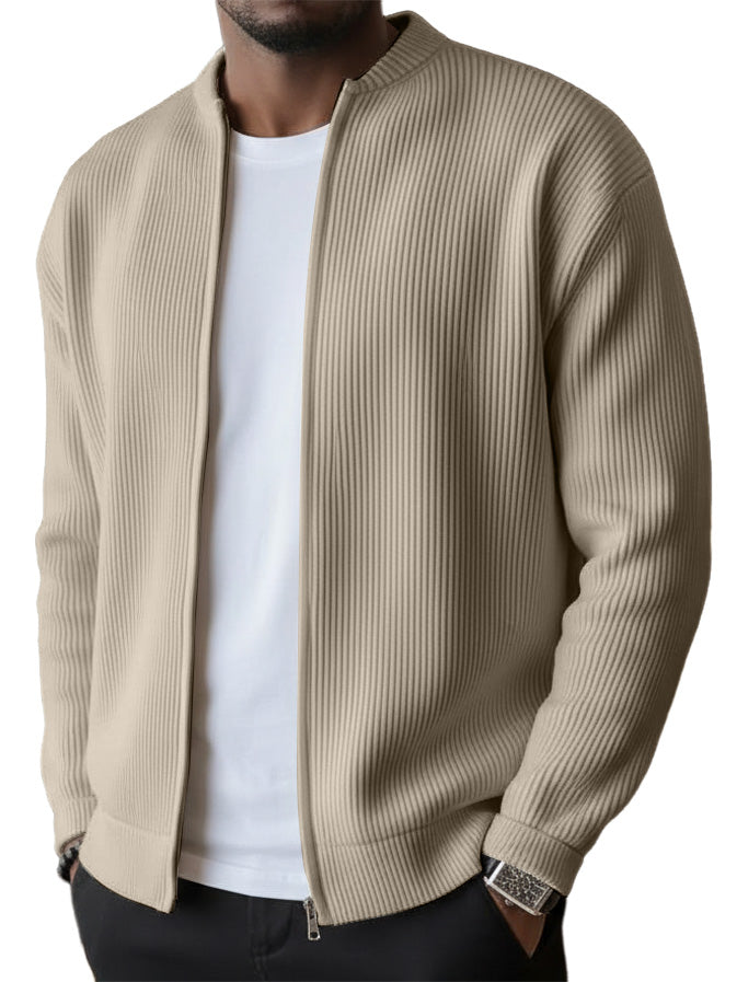 Men's Simple Casual Ribbed Stand Collar Zipper Long Sleeved Jacket（1）