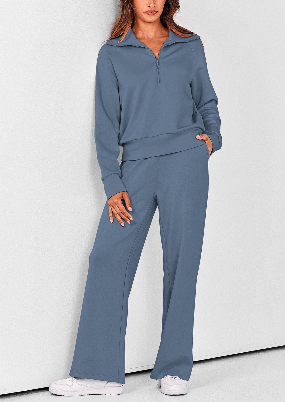 Women's 2 Piece Outfits Casual Lapel Half Zip Sweatshirts And Wide Leg Pants Tracksuit Sets