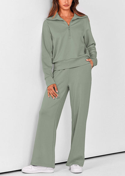 Women's 2 Piece Outfits Casual Lapel Half Zip Sweatshirts And Wide Leg Pants Tracksuit Sets