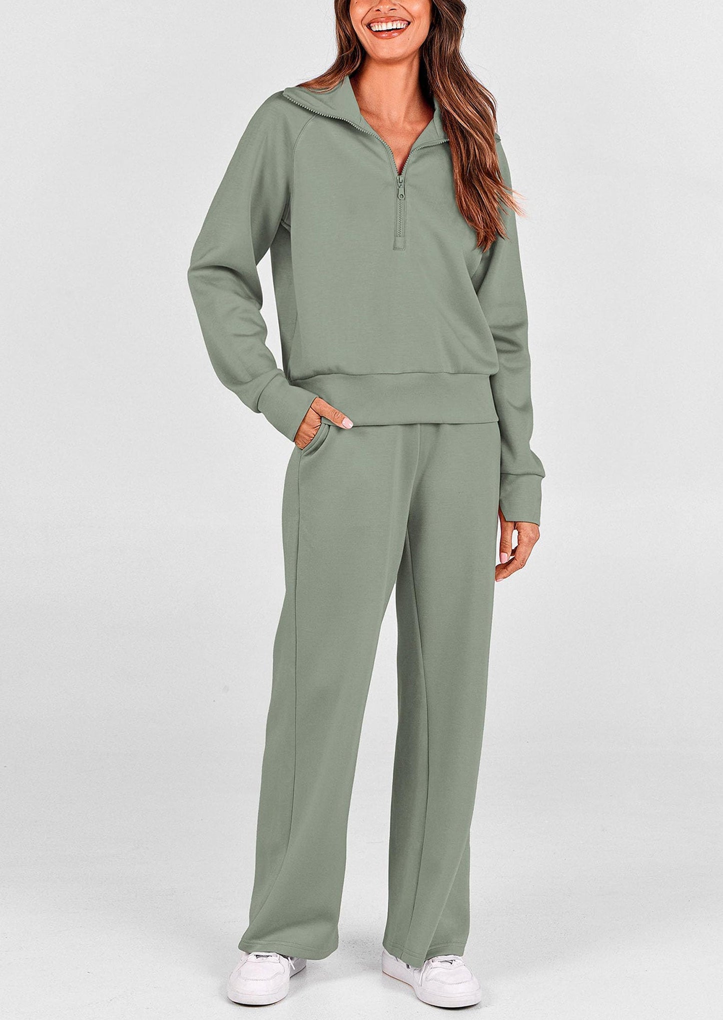 Women's 2 Piece Outfits Casual Lapel Half Zip Sweatshirts And Wide Leg Pants Tracksuit Sets