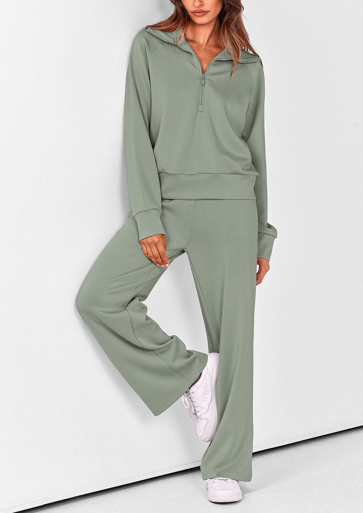 Women's 2 Piece Outfits Casual Lapel Half Zip Sweatshirts And Wide Leg Pants Tracksuit Sets