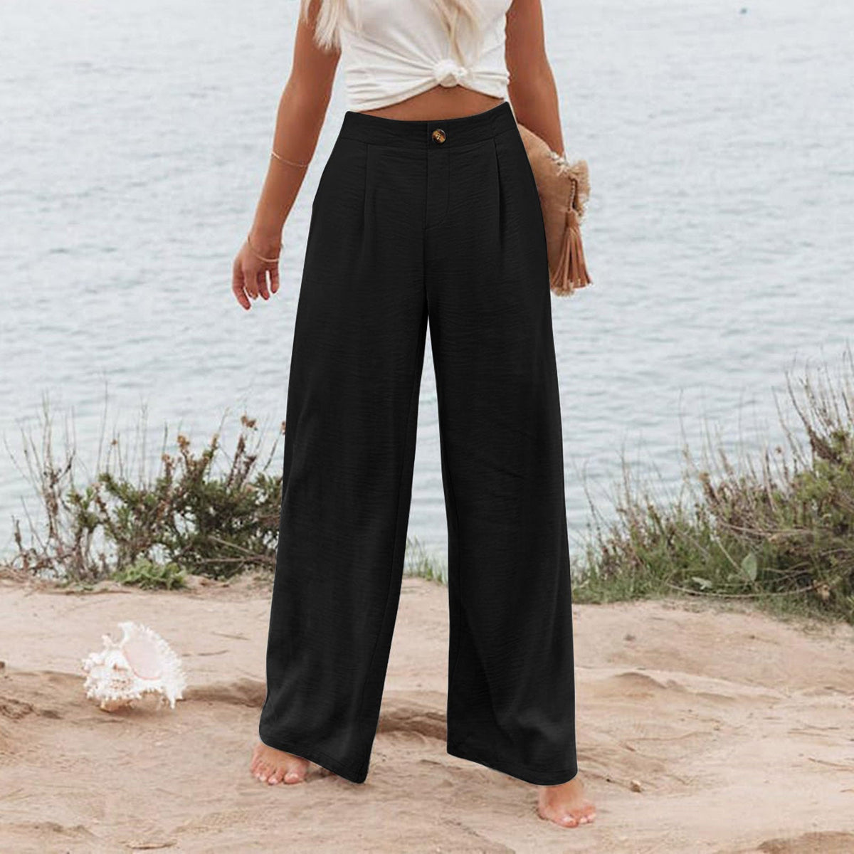 Womens Cotton Linen Pants Casual Wide Leg Trousers