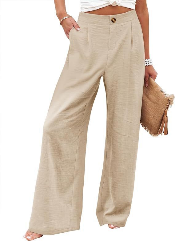 Womens Cotton Linen Pants Casual Wide Leg Trousers
