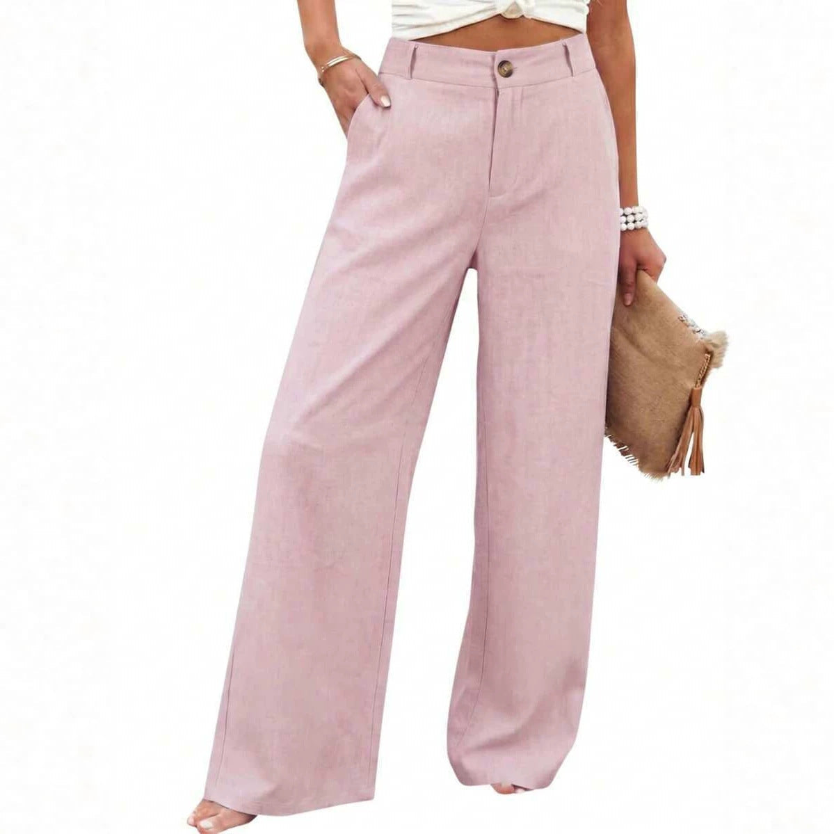 Womens Cotton Linen Pants Casual Wide Leg Trousers