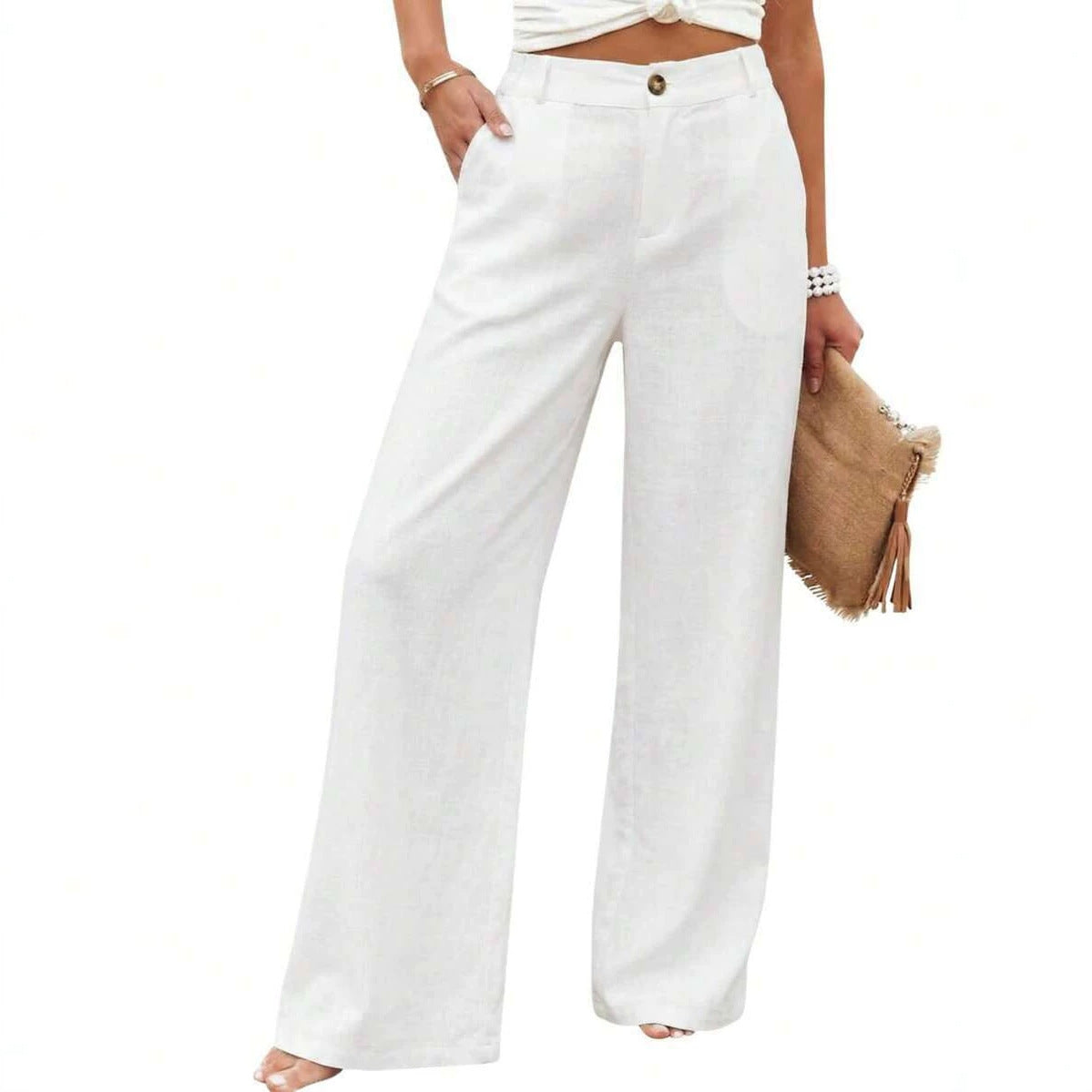 Womens Cotton Linen Pants Casual Wide Leg Trousers